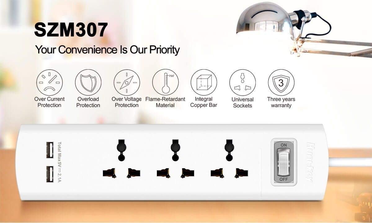 Huntkey Szm-307 3 Socket+ 2usb Port/ Power/extension Cords/multiplug