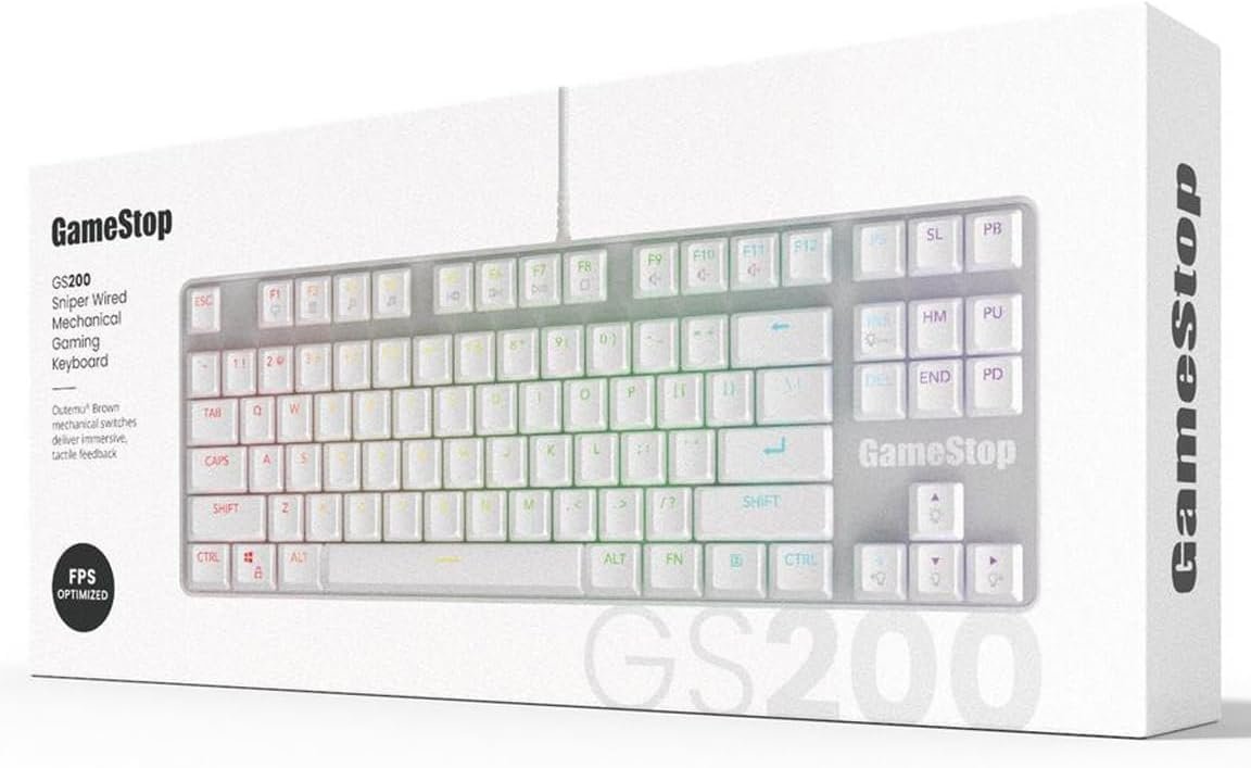 GameStop GS200 RGB Gaming Mechanical Keyboard - Outemu Brown Switches - 1000Hz Polling Rate - FPS Sniper (Black) (White)
