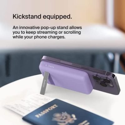 Belkin BPD004qcPU 5000 mAh Magnetic MagSafe Wireless Power Bank with Stand, Sleek Design for iPhone 15, 14, 13 and 12 Series, Compatible with MagSafe Covers – Purple