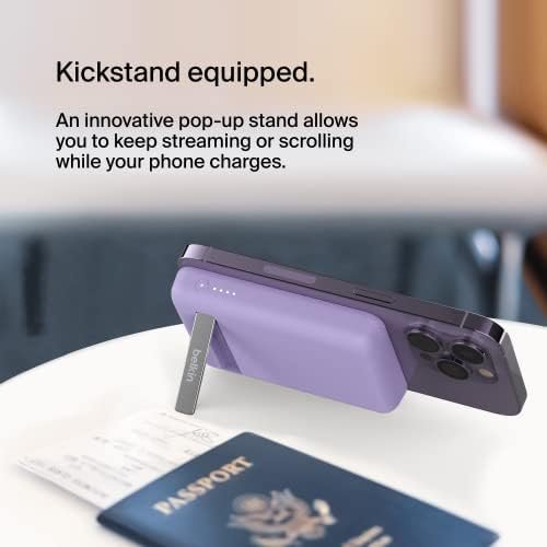 Belkin BPD004qcPU 5000 mAh Magnetic MagSafe Wireless Power Bank with Stand, Sleek Design for iPhone 15, 14, 13 and 12 Series, Compatible with MagSafe Covers – Purple