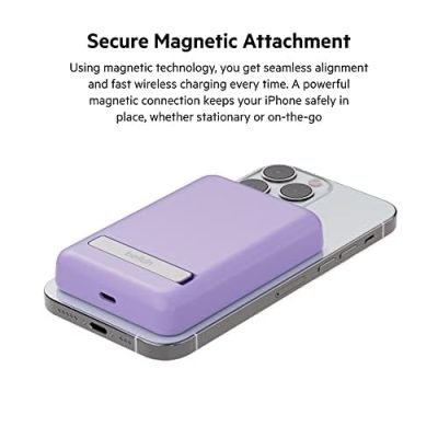 Belkin BPD004qcPU 5000 mAh Magnetic MagSafe Wireless Power Bank with Stand, Sleek Design for iPhone 15, 14, 13 and 12 Series, Compatible with MagSafe Covers – Purple