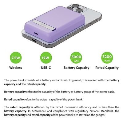 Belkin BPD004qcPU 5000 mAh Magnetic MagSafe Wireless Power Bank with Stand, Sleek Design for iPhone 15, 14, 13 and 12 Series, Compatible with MagSafe Covers – Purple