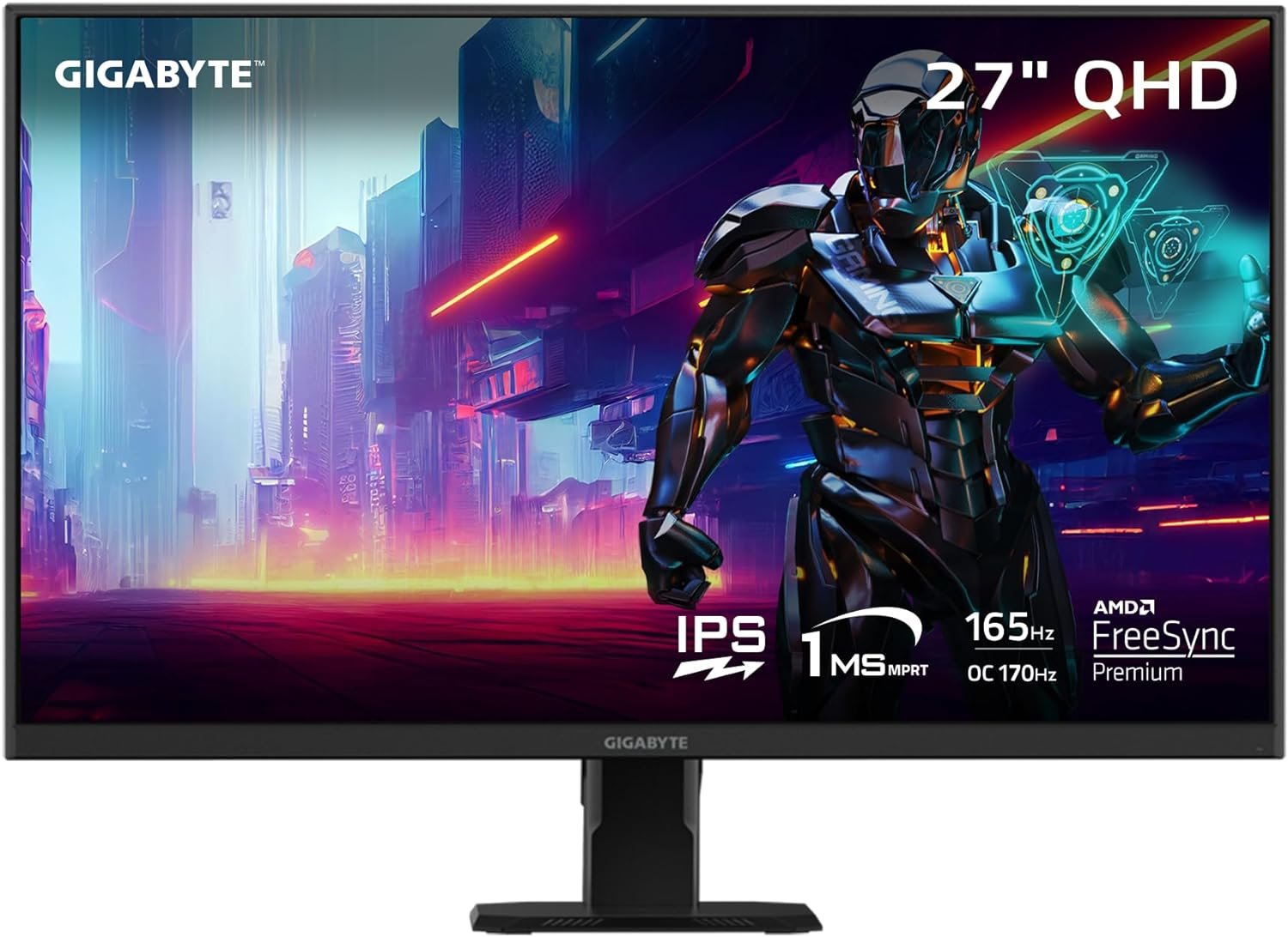 GIGABYTE GS27Q 27" 165Hz 1440P Gaming Monitor, 2560 x 1440 SS IPS Display, 1ms (MPRT) Response Time, HDR Ready, FreeSync Premium, 1x Display Port 1.4, 2X HDMI 2.0