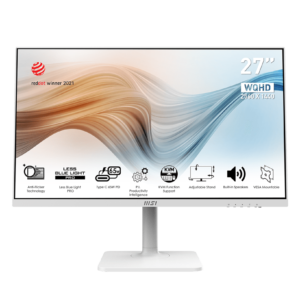 MSI Pro MP273AW (White) Monitor 27" Full HD (1920 x 1080) Frameless, IPS Panel, Anti-Glare, 100Hz Refresh Rate, 1ms Response Time, 300cd/m2 nits Brightness, 8 bits Color, 16.7 M Colors Display, 1000:1 Contrast Ratio, 106% sRGB Color Gamut, 1x DisplayPort (1.2a), 1x HDMI (1.4b), 1x VGA Port, 1x Earphone-out, Built in 2x 3W Speaker, 178° Wide Viewing Angle, VESA Mountable, Eyecare (Hardward & Software Solution) TUV Certified Eye Care Monitor: Eye-Q Check, Anti-Flicker and Less Blue Light technologies, Adaptive Sync Support, Compatible for PC, Mac, PS5™, PS4™, Xbox, Mobile, Notebook