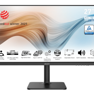 Msi Modern MD272XP 27" Full HD Frameless, IPS Panel, Anti-Glare, 100Hz Refresh Rate, 1ms Response Time, 300cd/m2 nits Brightness, HDR Ready, 8 bits Color, 16.7 million Colors Display, 1000:1 Contrast Ratio, 108% sRGB Color Gamut, 1x DisplayPort (1.2a), 1x HDMI (2.0b), 1x USB Type-C DP (65W Power Delivery), KVM Switch (2x USB Type-B, 1x USB Type-A), 1x Earphone-out, Built in 2x 3W Speaker, 178° Wide Viewing Angle, VESA Mountable, Eyecare (Hardward & Software Solution) | TUV Certified Eye: Eye-Q Check, Anti-Flicker and Less Blue Light technologies, Height Adjustment 0-110mm, Tilt, 30° / 30°Swivel and 90° Pivot/Rotation, Adaptive Sync Support, Compatible for PC, Mac, PS5™, PS4™, Xbox, Mobile, Notebook, 5-way OSD navigation joystick