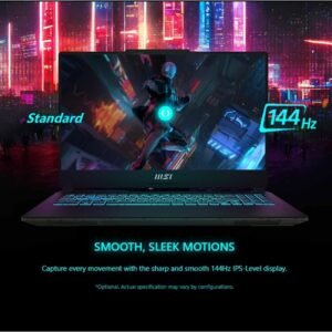 msi Cyborg 15 A13VE 13th Gen Intel Core i7-13620H (3.6~.4.9GHz, 10 Cores, 16 Threads, 24MB Cache) Windows 11 Home 15.6" FHD ,144Hz, IPS-Level Thin Bazel Screen NVIDIA® GeForce RTX™ 4050 Laptop GPU 6GB GDDR6 Up to 1605MHz Boost Clock 45W Maximum Graphics Power with Dynamic Boost. *May vary by scenario 512GB M.2 SSD slot (NVMe PCIe Gen4) Kensington Lock HD type (30fps@720p) Single Blue Backlit Key with Number-Pad Gb LAN 802.11 ax Wi-Fi 6 + Bluetooth v5.2 2x 2W Speaker 1x Mic-in/Headphone-out Combo Jack 1x Type-C (USB3.2 Gen1 / DP) 2x Type-A USB3.2 Gen1 1x HDMI™ 2.1 (4K @ 60Hz) 1x RJ45