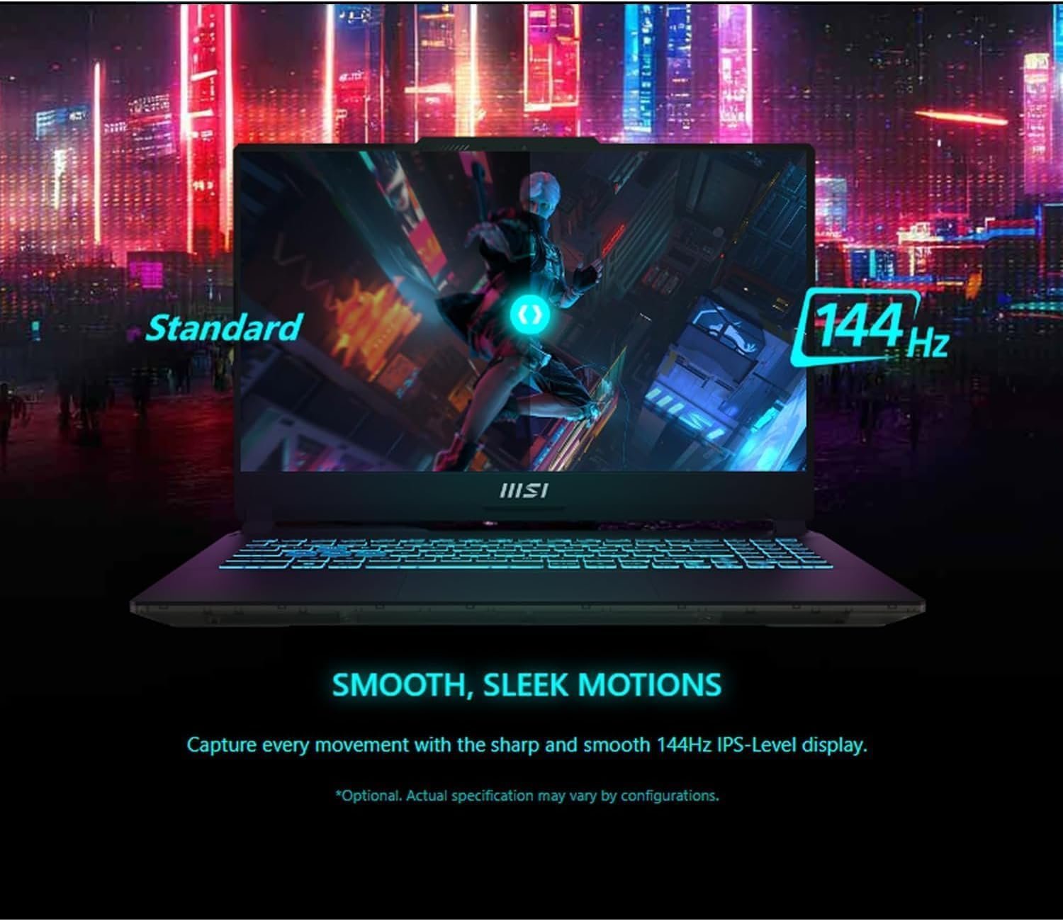 msi Cyborg 15 A13VE 13th Gen Intel Core i7-13620H (3.6~.4.9GHz, 10 Cores, 16 Threads, 24MB Cache) Windows 11 Home 15.6" FHD ,144Hz, IPS-Level Thin Bazel Screen NVIDIA® GeForce RTX™ 4050 Laptop GPU 6GB GDDR6 Up to 1605MHz Boost Clock 45W Maximum Graphics Power with Dynamic Boost. *May vary by scenario 512GB M.2 SSD slot (NVMe PCIe Gen4) Kensington Lock HD type (30fps@720p) Single Blue Backlit Key with Number-Pad Gb LAN 802.11 ax Wi-Fi 6 + Bluetooth v5.2 2x 2W Speaker 1x Mic-in/Headphone-out Combo Jack 1x Type-C (USB3.2 Gen1 / DP) 2x Type-A USB3.2 Gen1 1x HDMI™ 2.1 (4K @ 60Hz) 1x RJ45