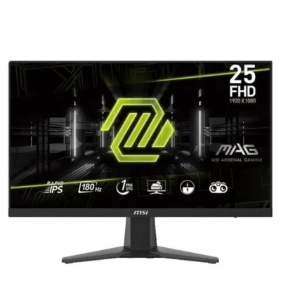 MSI G255F 24.5" Full HD Gaming Monitor Frameless, Rapid IPS Panel, Anti-Glare, 180Hz Refresh Rate, 1ms Response Time, 300cd/m² nits Brightness, 8 bits Color, 16.7 M Colors Display, 1000:1 Contrast Ratio, 82% Adobe RGB, 78% DCI-P3 & 99% sRGB Color Gamut, 1x DisplayPort (1.2a), 2x HDMI (2.0b), 1x Earphone-out, 178° Wide Viewing Angle, VESA Mountable, TUV Certified Eye Care: Anti-Flicker and Less Blue Light technology, Night Vision Mode, Game Mode, AMD FreeSync Technology, Compatible for PC, Mac, PS5™, PS4™, Xbox, Mobile, Notebook, 5-way OSD navigation joystick