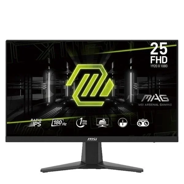 MSI G255F 24.5" Full HD Gaming Monitor Frameless, Rapid IPS Panel, Anti-Glare, 180Hz Refresh Rate, 1ms Response Time, 300cd/m² nits Brightness, 8 bits Color, 16.7 M Colors Display, 1000:1 Contrast Ratio, 82% Adobe RGB, 78% DCI-P3 & 99% sRGB Color Gamut, 1x DisplayPort (1.2a), 2x HDMI (2.0b), 1x Earphone-out, 178° Wide Viewing Angle, VESA Mountable, TUV Certified Eye Care: Anti-Flicker and Less Blue Light technology, Night Vision Mode, Game Mode, AMD FreeSync Technology, Compatible for PC, Mac, PS5™, PS4™, Xbox, Mobile, Notebook, 5-way OSD navigation joystick